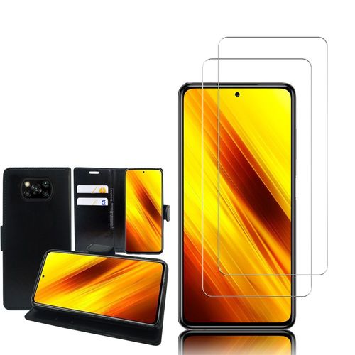 Etui Portefeuille Pour Xiaomi Poco X3 Nfc/ Poco X3 6.67" Support Video Cuir Pu - Noir + 2 Films Verre Trempé - Transparent