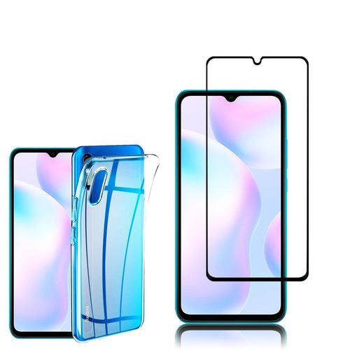 Coque Silicone Pour Xiaomi Redmi 9a 6.53" Gel Ultraslim Et Ajustement Parfait - Transparent + 1 Film Verre Trempé - Noir