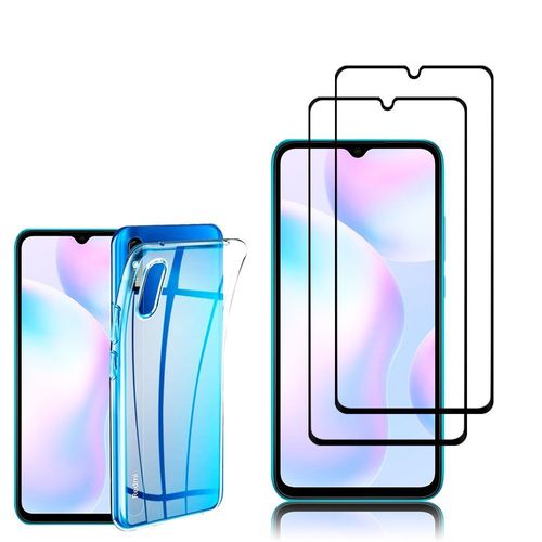 Coque Silicone Pour Xiaomi Redmi 9a 6.53" Gel Ultraslim Et Ajustement Parfait - Transparent + 2 Films Verre Trempé - Noir