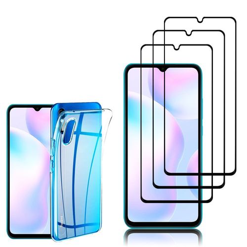 Coque Silicone Pour Xiaomi Redmi 9a 6.53" Gel Ultraslim Et Ajustement Parfait - Transparent + 3 Films Verre Trempé - Noir
