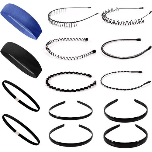 Noir Et Bleu 14 Pièces Serre Tete Homme Elastique Bandeau Cheveux Homme 14pcs Black Hair Hoop Metal Headband En Plastique Unisexe