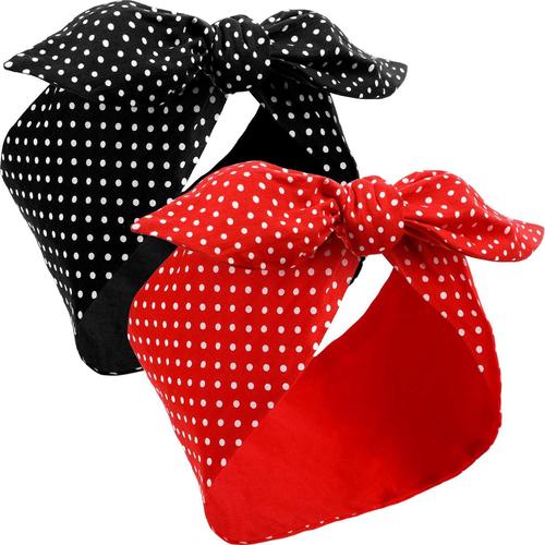 Rouges 2 Foulards Rouges pour Femmes écharpe de Tête Rétro des Années 1940 Bandeau Bandana d'Arc Noir Boho Bandeau d'Oreille de Lapin Vintage Accessoires de Cheveux de Filles (Motif à pois)