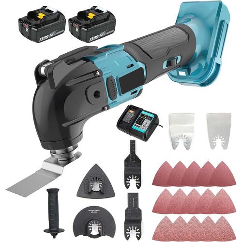 Outil multifonction oscillant sans fil sans balai 18V Li - ion 22 pièces Kit auxiliaire lame de ponçage / coupe avec batterie 2x5.5ah et chargeur - Compatible avec la Makita