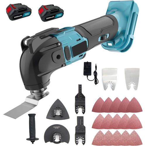 Outil multifonction oscillant sans fil sans balai 18V Li - ion 22 pièces Kit auxiliaire lame de ponçage / coupe avec batterie 2x3000 Mah et chargeur - Compatible avec la Makita