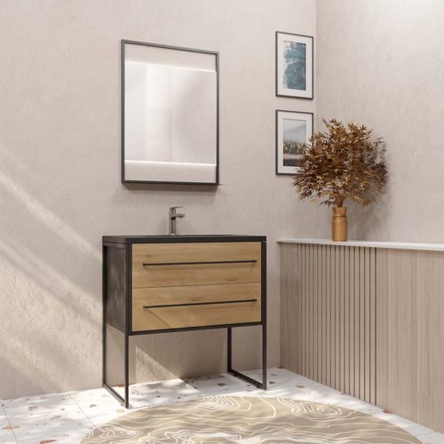 Pack Meuble Salle De Bain 80 Cm Noir Mat & Bois 2 Tiroirs - Vasque Noire Effet Pierre - Miroir Led