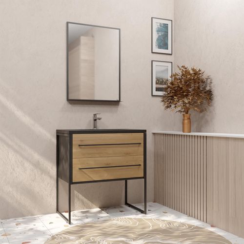 Pack Meuble Salle De Bain 80 Cm Noir Mat & Bois 2 Tiroirs - Vasque Noire Effet Pierre - Miroir