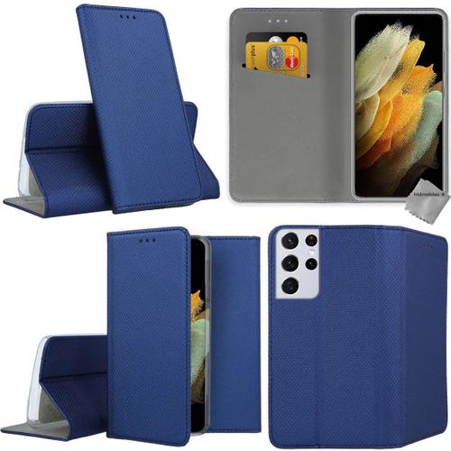 Housse Etui Coque Pochette Portefeuille Pour Samsung Galaxy S21 Ultra 5g + Film Ecran - Bleu Magnet