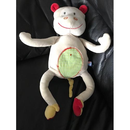 Doudou Peluche Sucre D'orge Singe Gris Rouge Ventre Vichy Vert 34 Cm