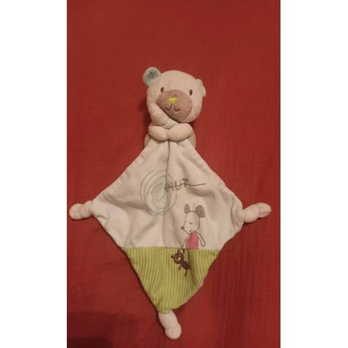 Doudou Mouchoir Ours Souris Chut On Dort 3 Noeuds Losange Carre Pous Blanc Bleu Vert
