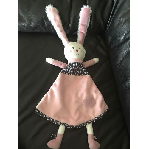 Doudou Plat Lapin Rose Blanc Fleur Sauthon Baby Déco Miss Chipie 35/50cm