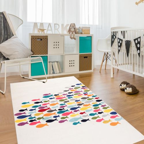 Tapis Enfant 160x230 Rectangle Tissé Crème Motif Animaux Fishes