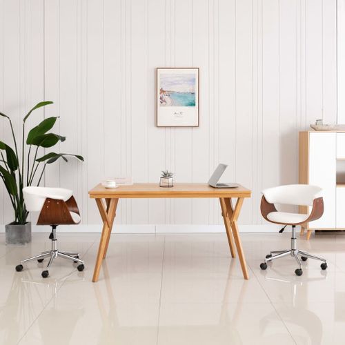 Vidaxl Chaise Pivotante De Bureau Blanc Bois Courbé Et Similicuir