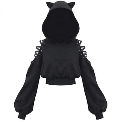 Expédié De France Sweat Capuche Fine Oreille Chat Manche Long Noir Lacet Ruban Fille Femme Haut Top Pull Kawaii Mi Saison