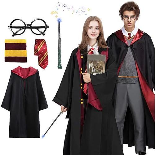 Costume De Magicien, Déguisement Adulte Enfant Avec Cravate, Lunettes Noires Rondes, Écharpe, Kit Robe Sorcier D'accessoires Pour Halloween Fête Carnaval Party Noël - 145cm