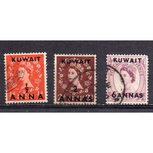 Koweït- Lot De 3 Timbres Oblitérés Avec Surcharge- Reine Elizabeth- N°116a- N°116d Et N°80