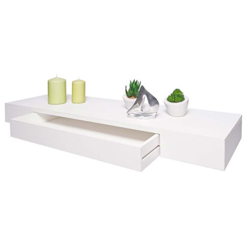 Étagère Murale Hwc-H37, Étagère Suspendue, Tiroir, En Bois Massif 8x80x25cm   Blanc