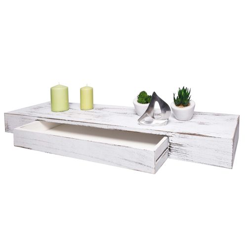 Étagère Murale Hwc-H37, Étagère Suspendue, Tiroir, En Bois Massif 8x80x25cm   Blanc, Shabby