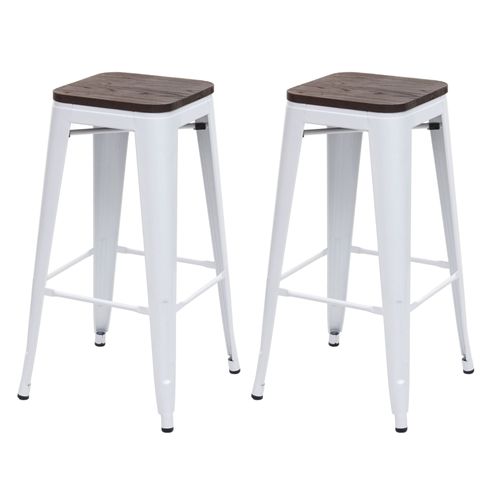 2x Tabouret De Bar Hwc-A73, Avec Siège En Bois, Métal, Style Industriel    Blanc