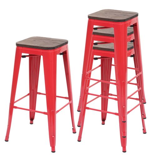 4x Tabouret De Bar Hwc-A73, Avec Siège En Bois, Métal, Style Industriel    Rouge