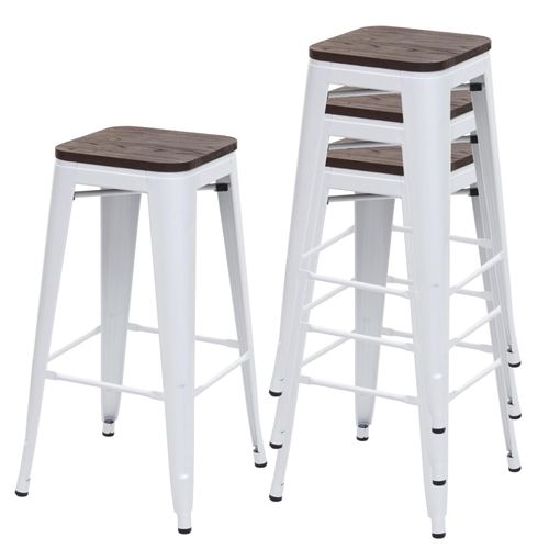 4x Tabouret De Bar Hwc-A73, Avec Siège En Bois, Métal, Style Industriel    Blanc