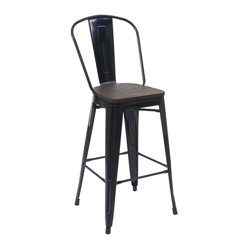 Tabouret Hwc-A73, Avec Siège En Bois Et Dossier, Métal, Style Industriel,   Noir