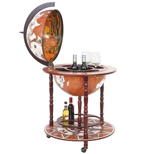 Bar De Salon Hwc-D86, Minibar, Étagère De Vin, Globe Terrestre Ø 45cm, Roulant, Bois D'eucalyptus