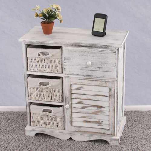 Commode / Table D'appoint / Armoire, 3 Paniers, 1 Tiroir, 60x30x63cm, Shabby, Vintage   Blanc