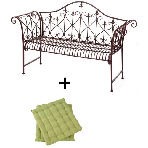 Banc De Jardin Hwc-H78, Banc De Parc, 2 Places Métal Avec Ornements Brun Rouille 150cm   2x Coussins Vert