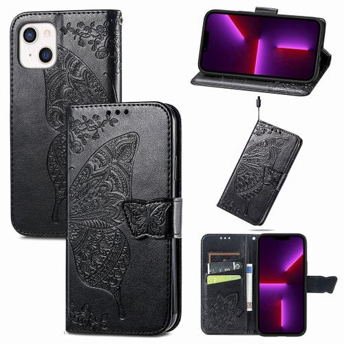 Saturcase Coque Pour Apple Iphone 13 Mini, Papillon Fleurs Pu Cuir Magnétique Flip Portefeuille Support Porte-Carte Protecteur Housse Étui Avec Dragonne Pour Apple Iphone 13 Mini (Hf-Noir)