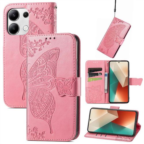Saturcase Coque Pour Xiaomi Redmi Note 13 4g, Papillon Fleurs Pu Cuir Magnétique Flip Portefeuille Support Porte-Carte Protecteur Housse Étui Avec Dragonne Pour Xiaomi Redmi Note 13 4g (Hf-Pink)