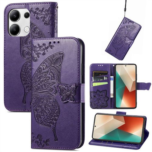 Saturcase Coque Pour Xiaomi Redmi Note 13 4g, Papillon Fleurs Pu Cuir Magnétique Flip Portefeuille Support Porte-Carte Protecteur Housse Étui Avec Dragonne Pour Xiaomi Redmi Note 13 4g (Hf-Violet)