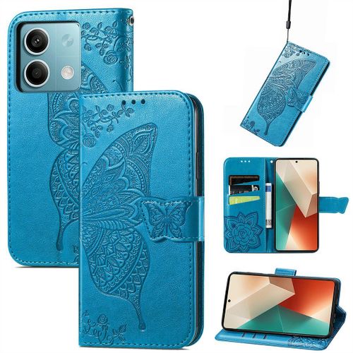 Saturcase Coque Pour Xiaomi Redmi Note 13 5g, Papillon Fleurs Pu Cuir Magnétique Flip Portefeuille Support Porte-Carte Protecteur Housse Étui Avec Dragonne Pour Xiaomi Redmi Note 13 5g (Hf-Bleu)