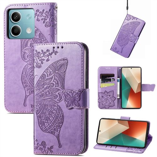 Saturcase Coque Pour Xiaomi Redmi Note 13 5g, Papillon Fleurs Pu Cuir Magnétique Flip Portefeuille Support Porte-Carte Protecteur Housse Étui Avec Dragonne Pour Xiaomi Redmi Note 13 5g (Hf-Lavande)