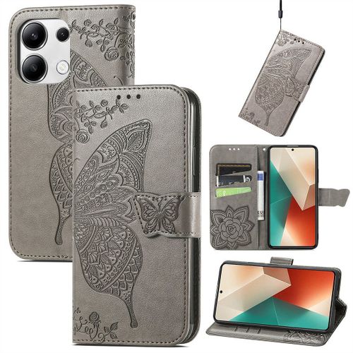 Saturcase Coque Pour Xiaomi Redmi Note 13 4g, Papillon Fleurs Pu Cuir Magnétique Flip Portefeuille Support Porte-Carte Protecteur Housse Étui Avec Dragonne Pour Xiaomi Redmi Note 13 4g (Hf-Gris)