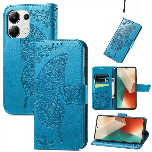 Saturcase Coque Pour Xiaomi Redmi Note 13 4g, Papillon Fleurs Pu Cuir Magnétique Flip Portefeuille Support Porte-Carte Protecteur Housse Étui Avec Dragonne Pour Xiaomi Redmi Note 13 4g (Hf-Bleu)