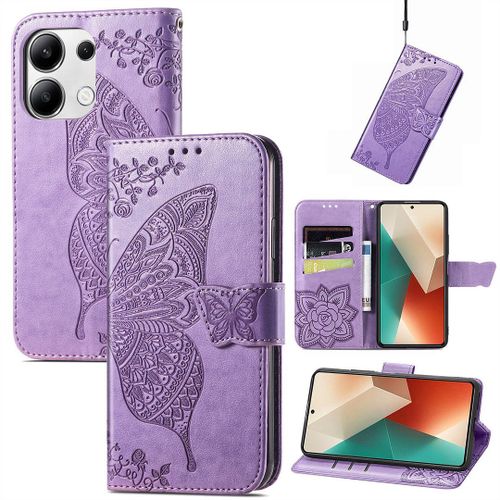 Saturcase Coque Pour Xiaomi Redmi Note 13 4g, Papillon Fleurs Pu Cuir Magnétique Flip Portefeuille Support Porte-Carte Protecteur Housse Étui Avec Dragonne Pour Xiaomi Redmi Note 13 4g (Hf-Lavande)