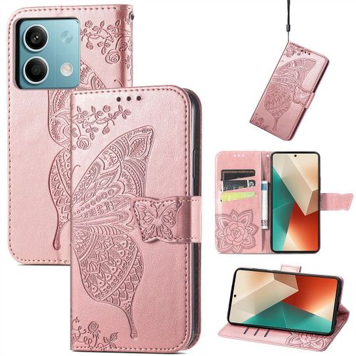 Saturcase Coque Pour Xiaomi Redmi Note 13 5g, Papillon Fleurs Pu Cuir Magnétique Flip Portefeuille Support Porte-Carte Protecteur Housse Étui Avec Dragonne Pour Xiaomi Redmi Note 13 5g (Hf-Or Rose)