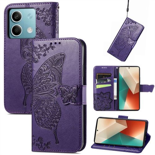 Saturcase Coque Pour Xiaomi Redmi Note 13 5g, Papillon Fleurs Pu Cuir Magnétique Flip Portefeuille Support Porte-Carte Protecteur Housse Étui Avec Dragonne Pour Xiaomi Redmi Note 13 5g (Hf-Violet)