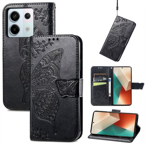 Saturcase Coque Pour Xiaomi Redmi Note 13 Pro 5g, Papillon Fleurs Pu Cuir Magnétique Flip Portefeuille Support Porte-Carte Protecteur Housse Étui Avec Dragonne Pour Xiaomi Redmi Note 13 Pro 5g (Hf-Noir)