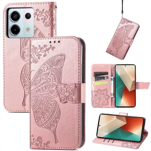 Saturcase Coque Pour Xiaomi Redmi Note 13 Pro 5g, Papillon Fleurs Pu Cuir Magnétique Flip Portefeuille Support Porte-Carte Protecteur Housse Étui Avec Dragonne Pour Xiaomi Redmi Note 13 Pro 5g (Hf-Or Rose)