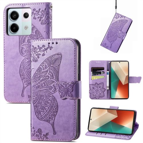 Saturcase Coque Pour Xiaomi Redmi Note 13 Pro 5g, Papillon Fleurs Pu Cuir Magnétique Flip Portefeuille Support Porte-Carte Protecteur Housse Étui Avec Dragonne Pour Xiaomi Redmi Note 13 Pro 5g (Hf-Lavande)