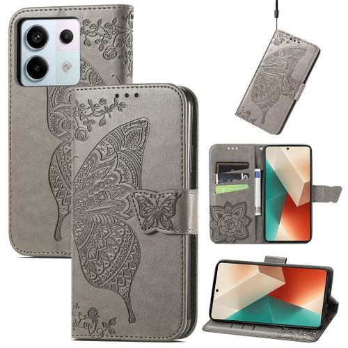 Saturcase Coque Pour Xiaomi Redmi Note 13 Pro 5g, Papillon Fleurs Pu Cuir Magnétique Flip Portefeuille Support Porte-Carte Protecteur Housse Étui Avec Dragonne Pour Xiaomi Redmi Note 13 Pro 5g (Hf-Gris)