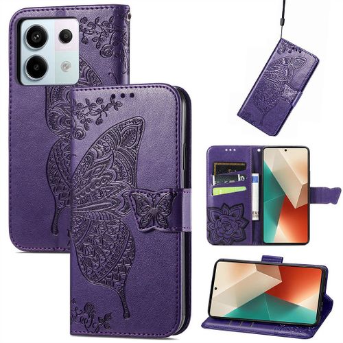 Saturcase Coque Pour Xiaomi Redmi Note 13 Pro 5g, Papillon Fleurs Pu Cuir Magnétique Flip Portefeuille Support Porte-Carte Protecteur Housse Étui Avec Dragonne Pour Xiaomi Redmi Note 13 Pro 5g (Hf-Violet)