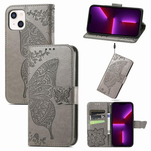 Saturcase Coque Pour Apple Iphone 13 Mini, Papillon Fleurs Pu Cuir Magnétique Flip Portefeuille Support Porte-Carte Protecteur Housse Étui Avec Dragonne Pour Apple Iphone 13 Mini (Hf-Gris)