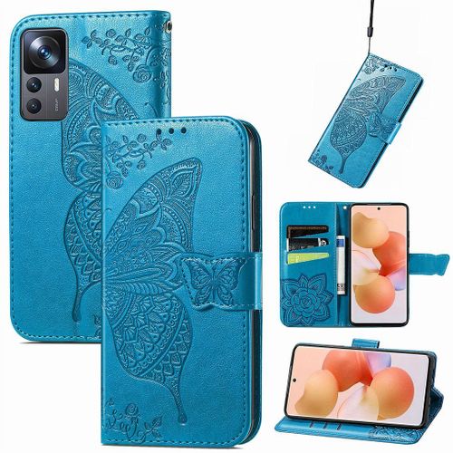 Saturcase Coque Pour Xiaomi 12t / 12t Pro, Papillon Fleurs Pu Cuir Magnétique Flip Portefeuille Support Porte-Carte Protecteur Housse Étui Avec Dragonne Pour Xiaomi 12t / 12t Pro (Hf-Bleu)