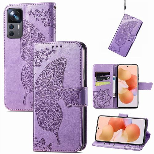 Saturcase Coque Pour Xiaomi 12t / 12t Pro, Papillon Fleurs Pu Cuir Magnétique Flip Portefeuille Support Porte-Carte Protecteur Housse Étui Avec Dragonne Pour Xiaomi 12t / 12t Pro (Hf-Lavande)