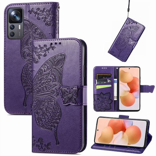 Saturcase Coque Pour Xiaomi 12t / 12t Pro, Papillon Fleurs Pu Cuir Magnétique Flip Portefeuille Support Porte-Carte Protecteur Housse Étui Avec Dragonne Pour Xiaomi 12t / 12t Pro (Hf-Violet)