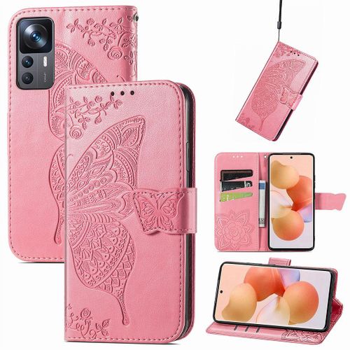Saturcase Coque Pour Xiaomi 12t / 12t Pro, Papillon Fleurs Pu Cuir Magnétique Flip Portefeuille Support Porte-Carte Protecteur Housse Étui Avec Dragonne Pour Xiaomi 12t / 12t Pro (Hf-Pink)