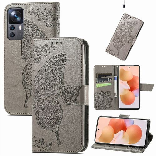 Saturcase Coque Pour Xiaomi 12t / 12t Pro, Papillon Fleurs Pu Cuir Magnétique Flip Portefeuille Support Porte-Carte Protecteur Housse Étui Avec Dragonne Pour Xiaomi 12t / 12t Pro (Hf-Gris)