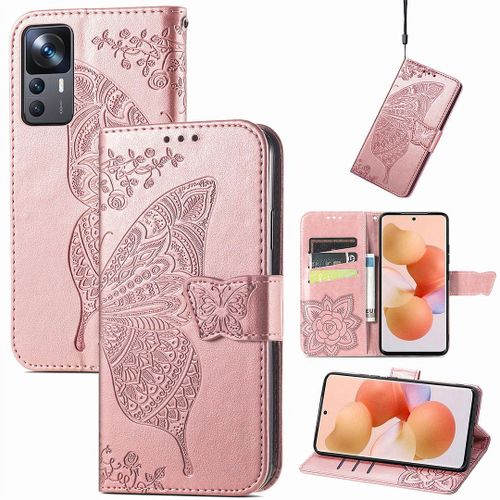 Saturcase Coque Pour Xiaomi 12t / 12t Pro, Papillon Fleurs Pu Cuir Magnétique Flip Portefeuille Support Porte-Carte Protecteur Housse Étui Avec Dragonne Pour Xiaomi 12t / 12t Pro (Hf-Or Rose)
